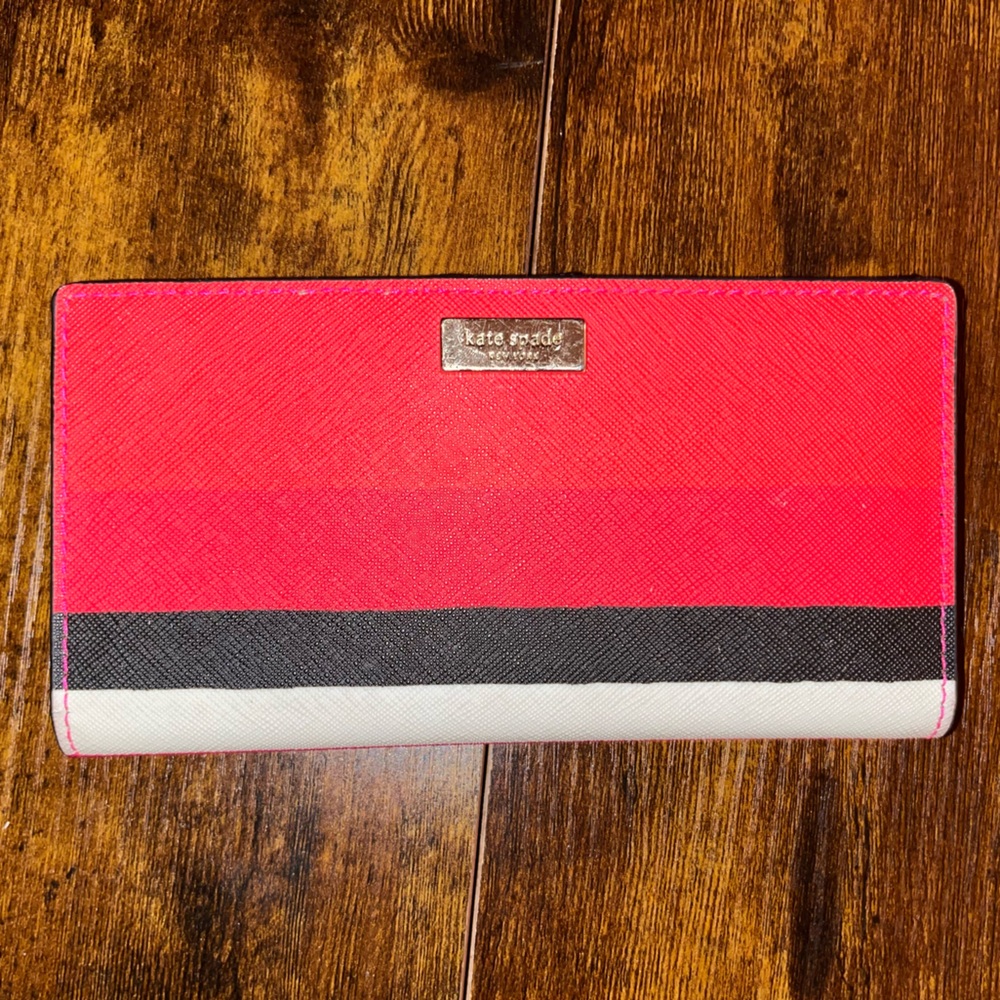 kate spade Pink, Black & White Stripe Continental Wallet with Story Book Lining